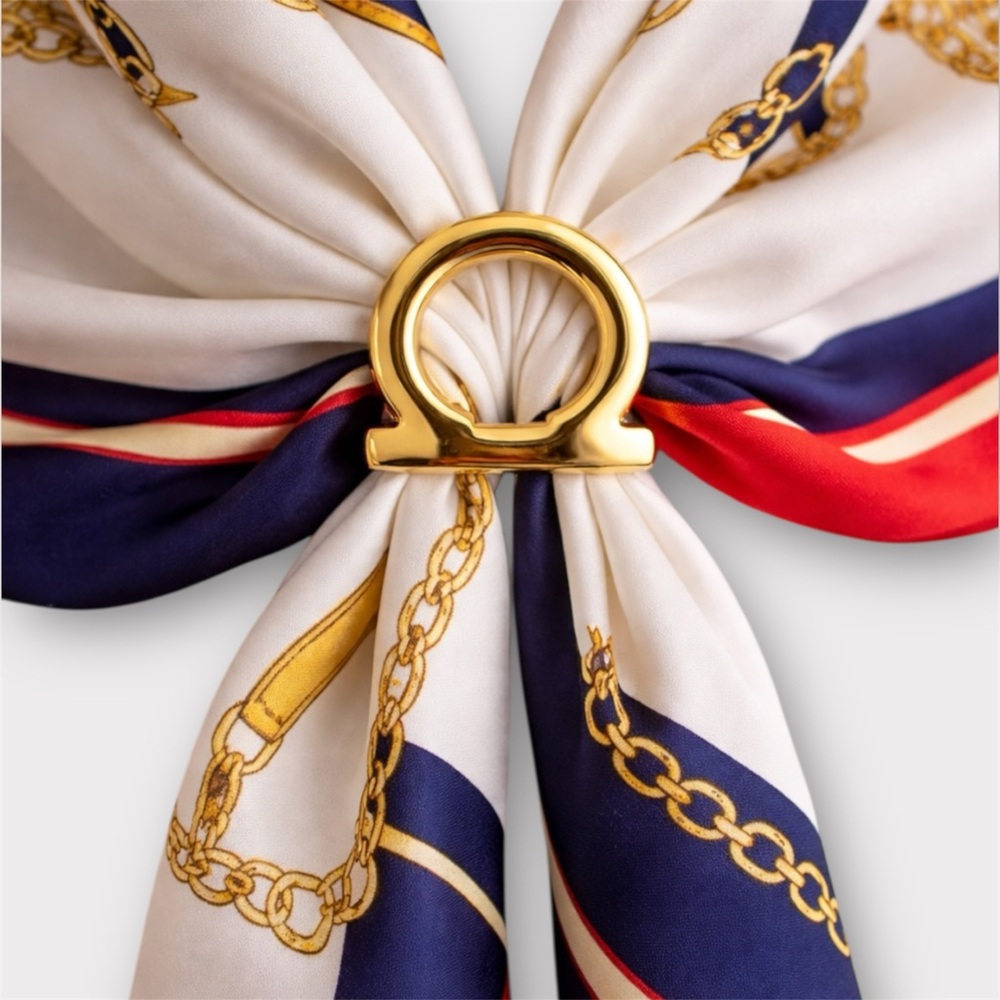 SALVATORE FERRAGAMO Gold Gancini Scarf Ring Polished Logo Italy